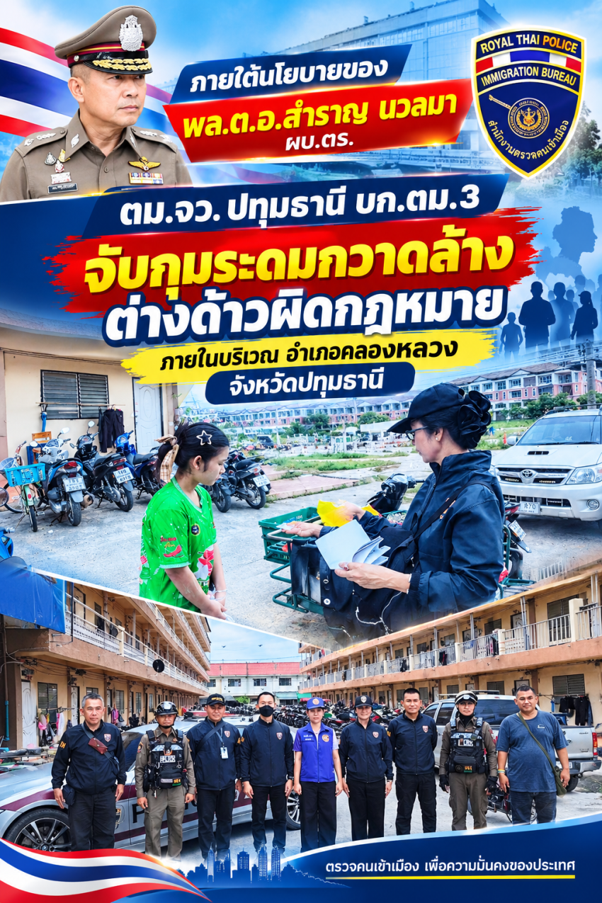 ภายใต้นโยบายของ พล.ต.อ.สำราญ นวลมา ผบ.ตร. ตม.จว. ปทุมธานี บก.ตม.3  โชว์ผลงานจับกุมระดมกวาดล้างต่างด้าวผิดกฎหมาย ภายในบริเวณ อำเภอคลองหลวง จั [..]
